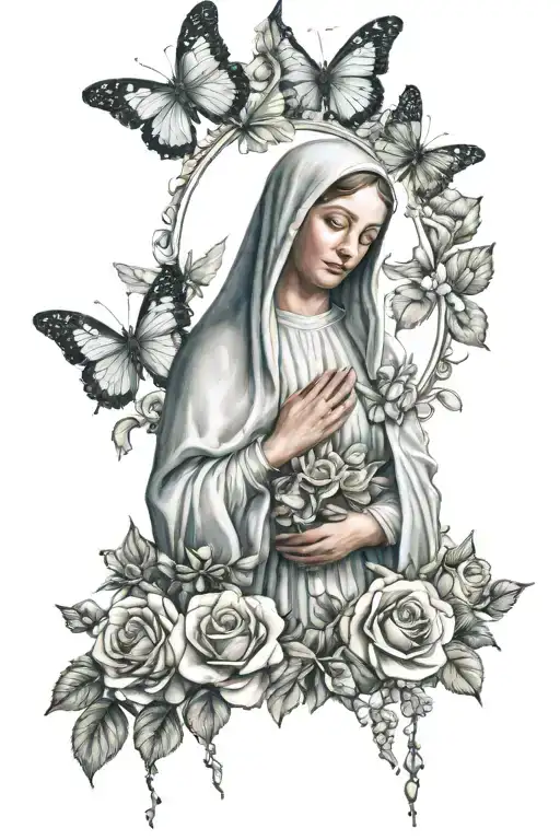 Virgin Mary Holding Roses And Surrounded By Flowers And Butterflies