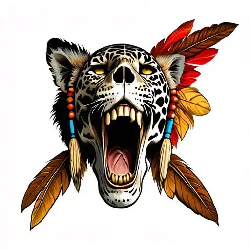Mayan Jaguar Warrior Skull With Indian Feathers Facing Front Screaming War Cry