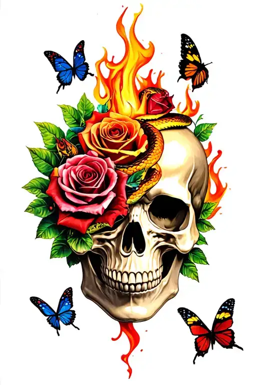 Skull Roses Blood Fire Snake Butterflies Colorful
