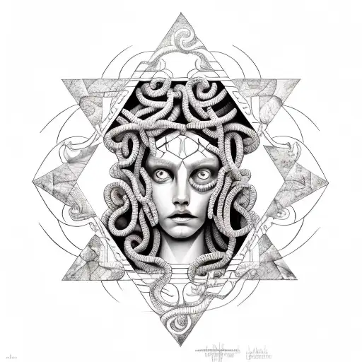 Medusa With Geometric Shapes And Triangles Behind Her