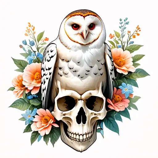 White Barn Owl Perched On A Skull With Flowers Growing Out Of It