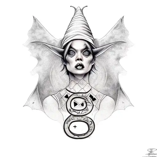 A Realistic Portrait Of A Witch With A Bat Perched On Her Shoulder And The Number 666 On Her Hat