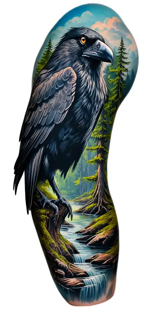 Forest Scene With A Giant Raven On Top