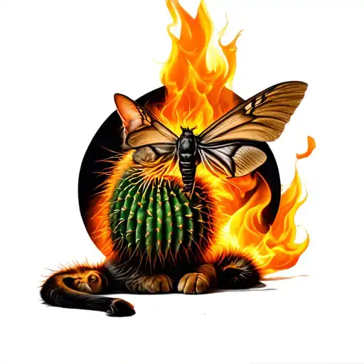 Realism Catus On Fire With Moth Resting