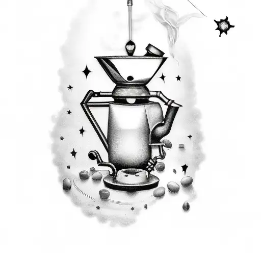 A Black And Grey Tattoo Of A Coffee Pot Pouring Stars Into A Cup With A Fantasy Book Open Beside It