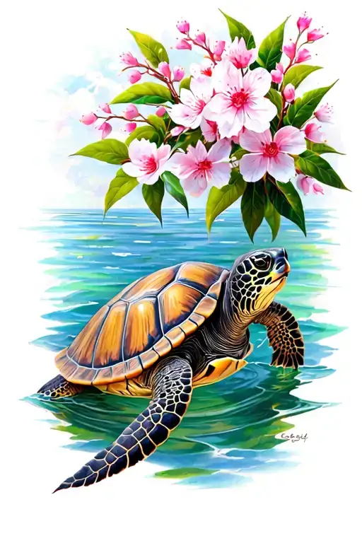 Turtle With Sea And Cherry Blossom