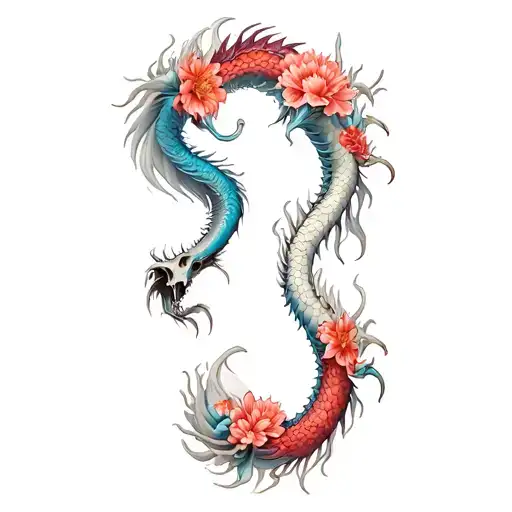 Japanese Dragon Skull Flowers Intertwined