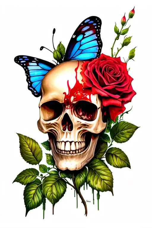 Skull Rose Blood Butterfly Colorful