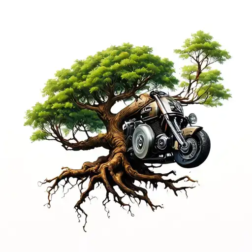 Vtwin Motor Intertwined With Tree Growing