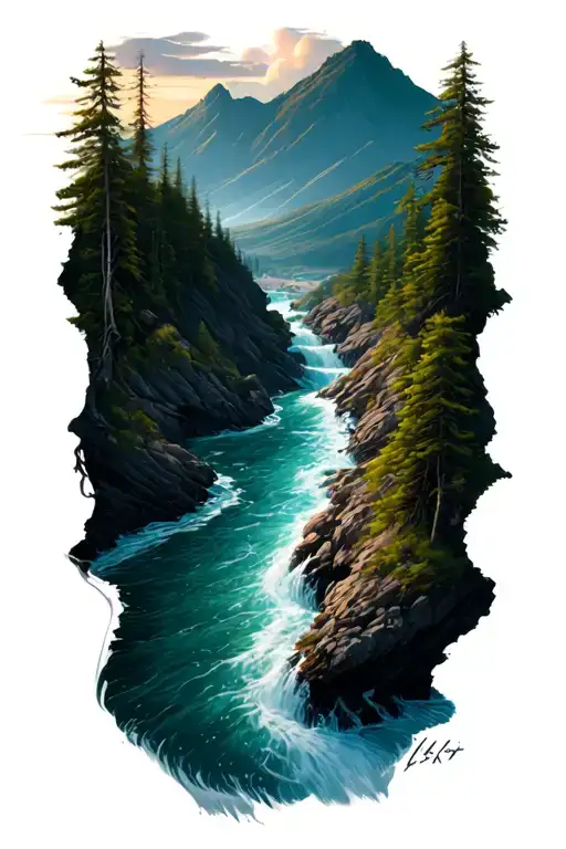 River Flowing From Mountain Down To The Ocean Scene