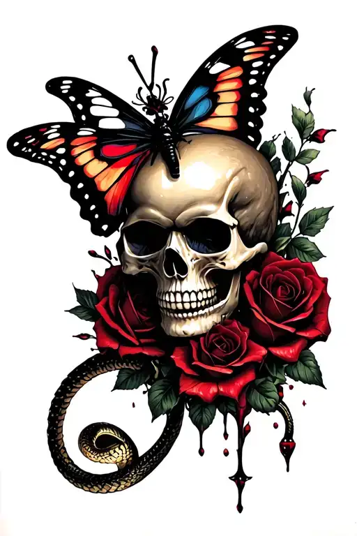 Skull Butterfly Barbed Wire Gun Blood Roses Razor Snakes Cigarette Drink