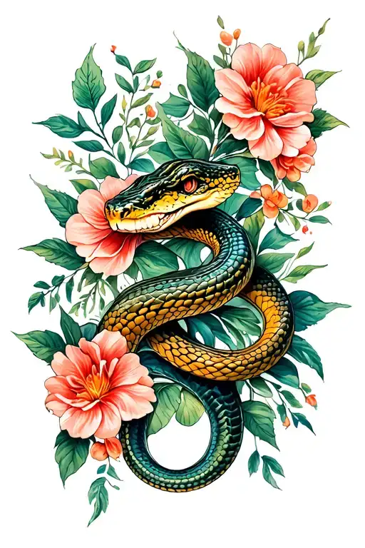 Snake Tattoo With Floral Leg Tat Wrapping