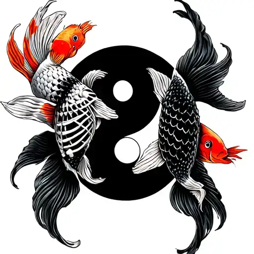 Yin Yang Symbol With Koi And Koi Fish Skeleton Playing