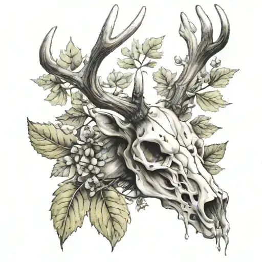 Stag Skull With Oak Leaves Growing