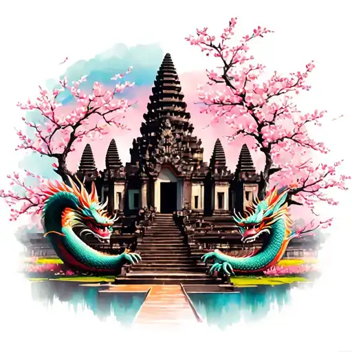 Angkor Wat Temple With Cherry Blossom And Dragon
