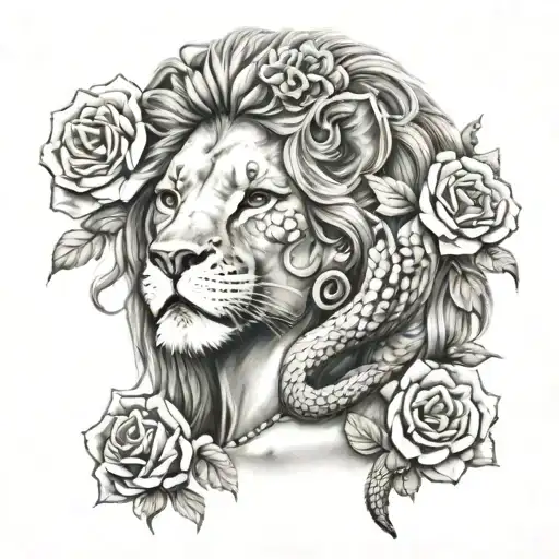 Lion Woman And Snake With Flowers