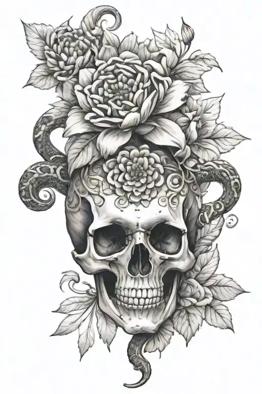 Skull With Snake And Chrysanthemum Flower