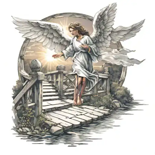 Angel Walking On A Small Bridge With Children Holding Handsand Brigth Sunrays That Come Across