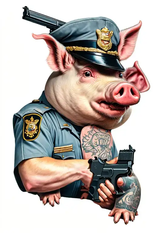 Pig In A Cop Uniform With Someone Holding A Gun To Its Head