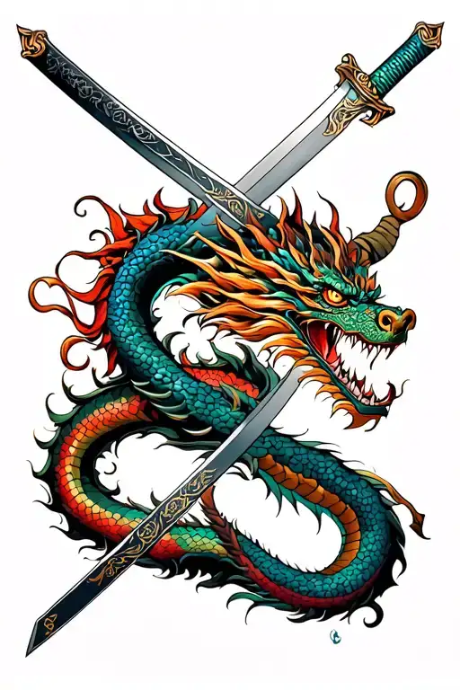 Japanese Swords And Dragon Wrapped
