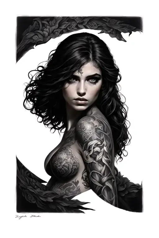 Lilith Looking Right Black And Grey Tattoo Design