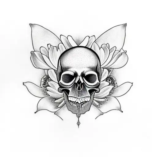 Skull With 4 Butterflies And A White Oleander Flower