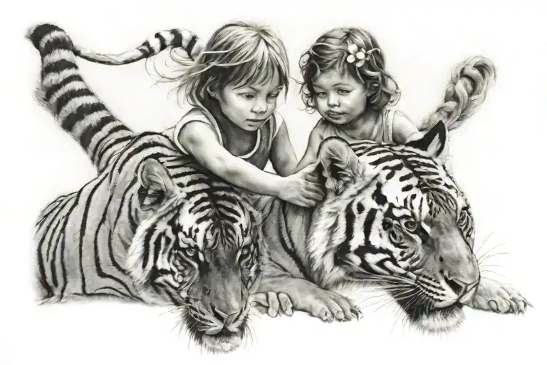 Little Girl Leading A Tiger
