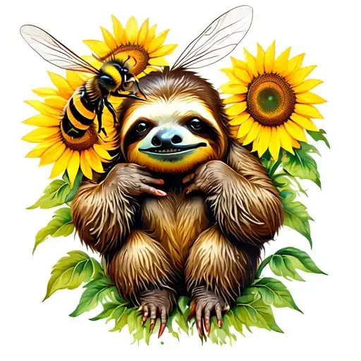 Sloth Holding A Bee In One Claw And Surrounded By Sunflowers