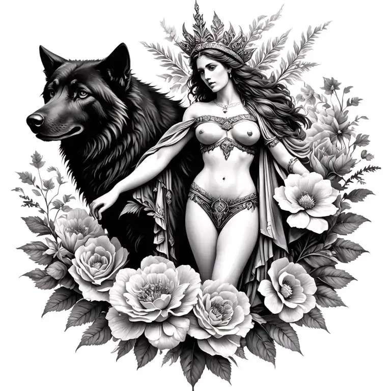 Athena Sexy Goddess Surrounded By Poeny Flowers And Black Wolf With Mountains