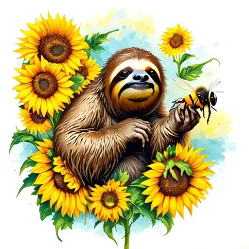 Sloth Holding A Bee In One Hand And Surrounded By Sunflowers