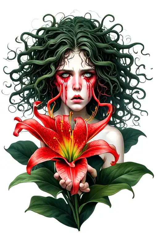 Medusa Crying Holding Red Spider Lily Flower