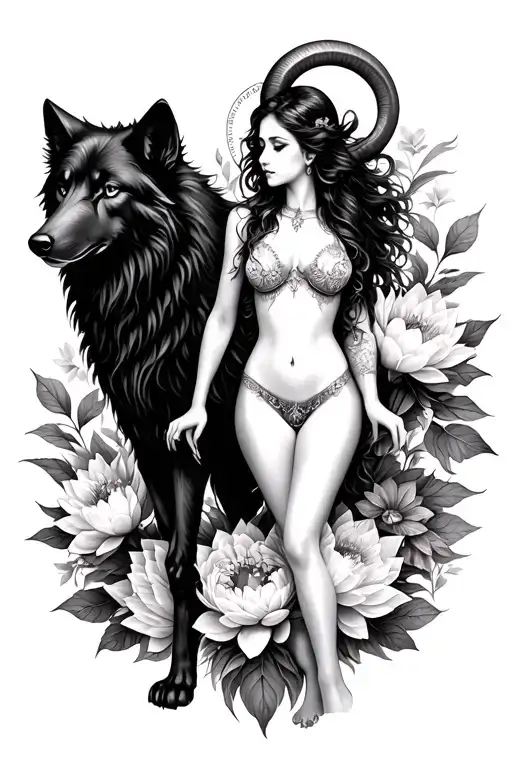 Aries Sexy Goddess Surrounded By Poeny And Lotus Flowers And Black Wolf