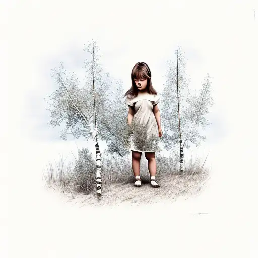 Beautiful Child Leaning Against Birch Tree With Birds