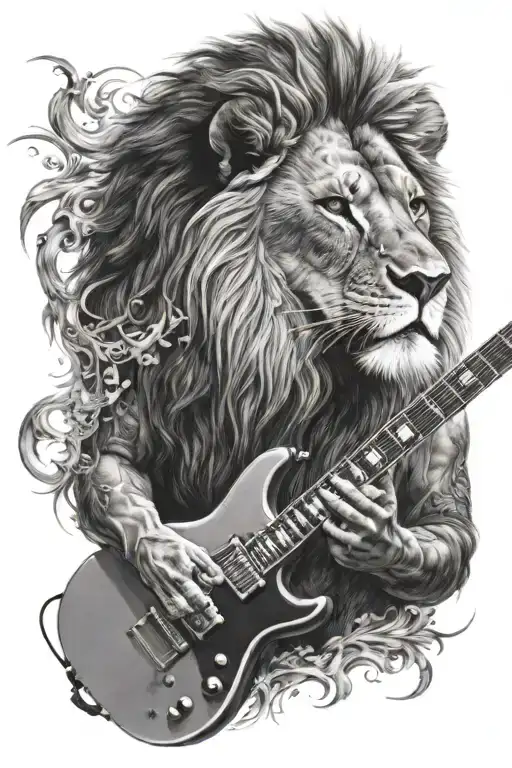 A Realistic Portrait Of A Lion Playing An Electric Guitar