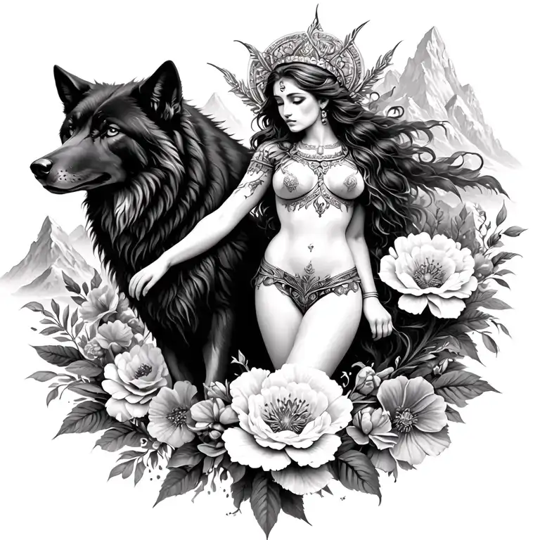 Athena Sexy Goddess Surrounded By Poeny Flowers And Black Wolf With Mountains