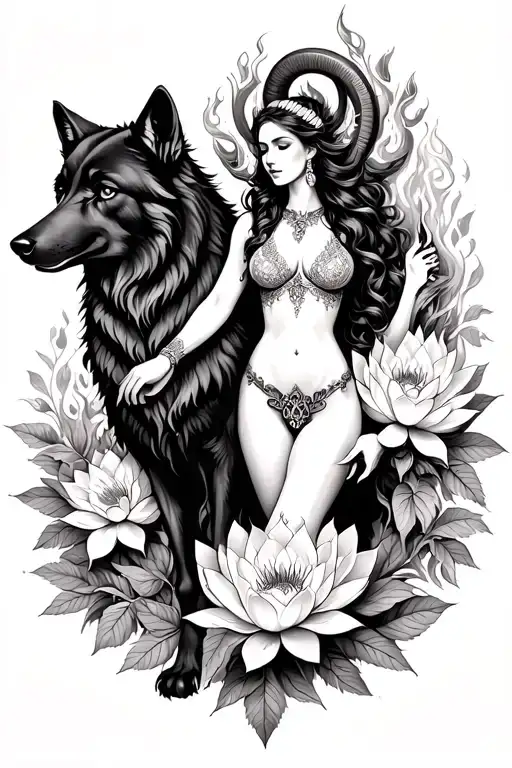 Aries Sexy Goddess Surrounded By Poeny And Lotus Flowers And Black Wolf Holding Fire