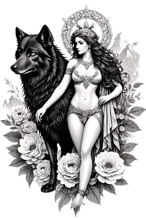 Athena Sexy Goddess Surrounded By Poeny Flowers And Black Wolf With Mountains