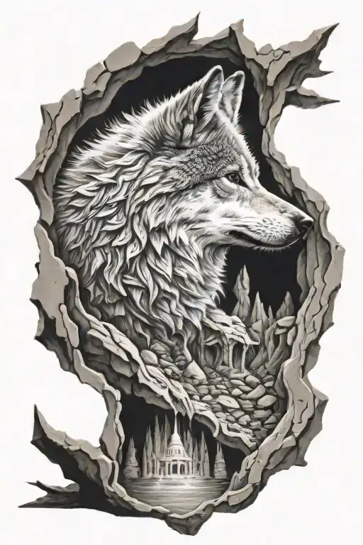 Wolf In Cave With Temple