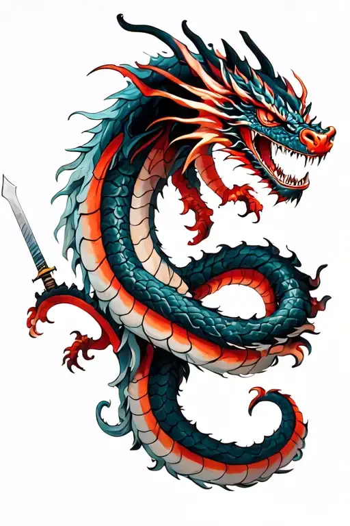 On The Left Arm Is A Black And White Dragon With A Sword Being Coiled By The Dragon