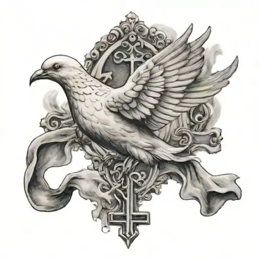 Dove Holding A Cross On Its Chest While Flying With Smoke Around It
