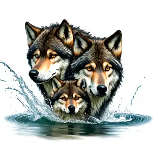 Wolf In Water With Wolf Cub