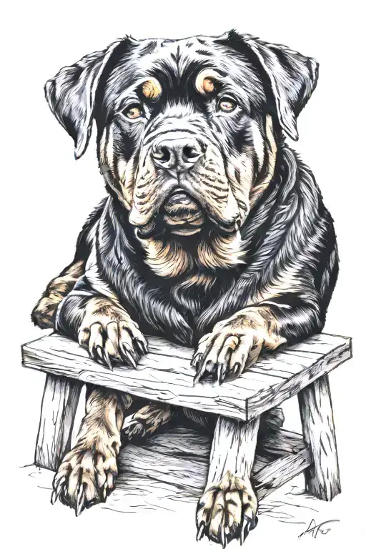Rottweiler Sitting On Bench