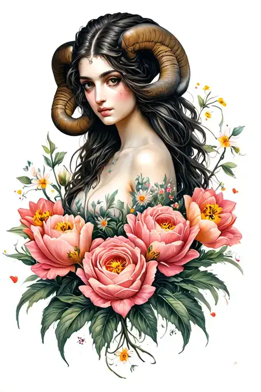 Aries Sexy Goddess Surrounded By Poeny And Tulip Flowers