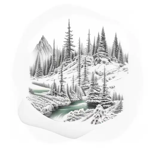 Mountain Scene With Trees And River