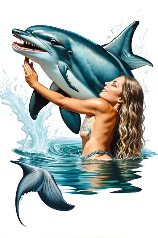 Creepy Dolphin And A Woman Holding It Up While White Liquid Shoots Out In Background