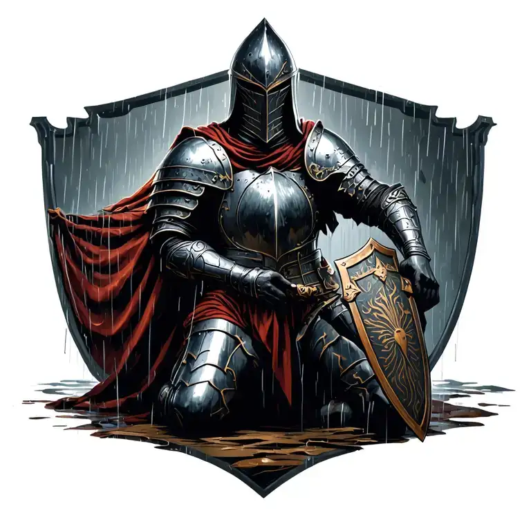 Knight Kneeling In Rain With Shield