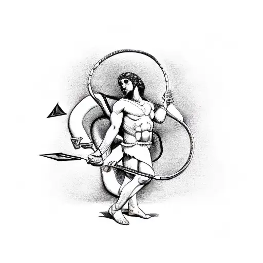 Greek God Apollo Shooting An Arrow To A Snake That Is Coming Out Of Him