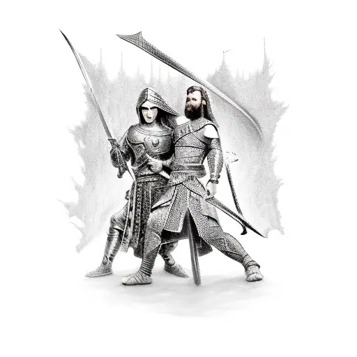 Warrior Man With A Little Medieval Girl Holding Hands