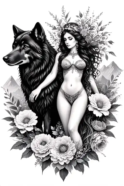 Aries Sexy Goddess Surrounded By Poeny Flowers And Black Wolf With Mountains