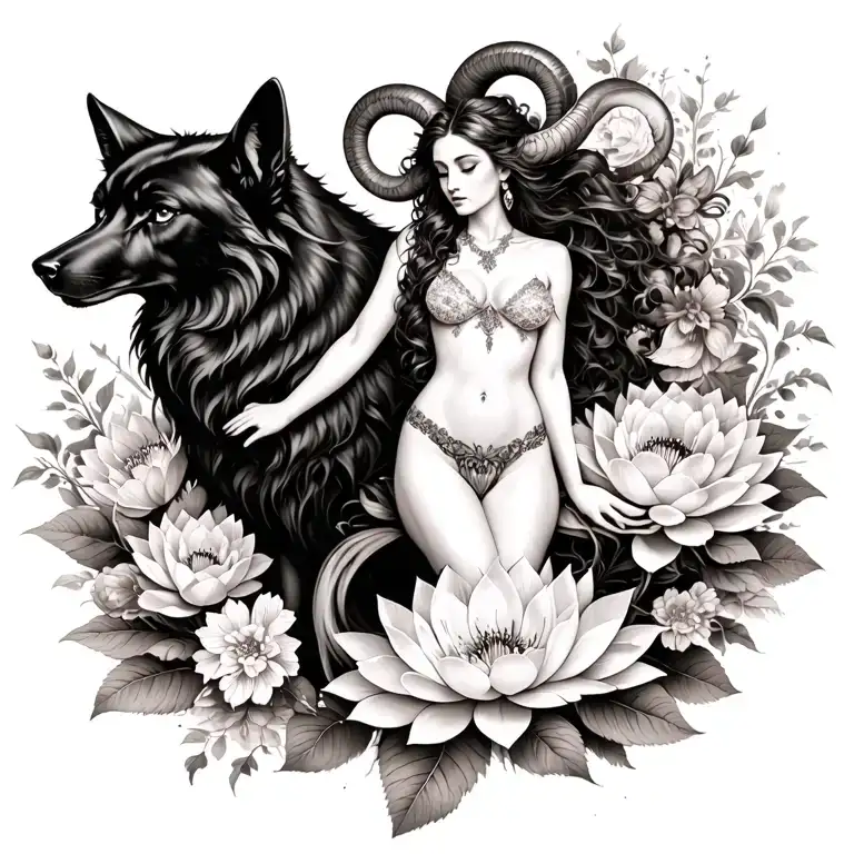 Aries Sexy Goddess Surrounded By Poeny And Lotus Flowers And Black Wolf